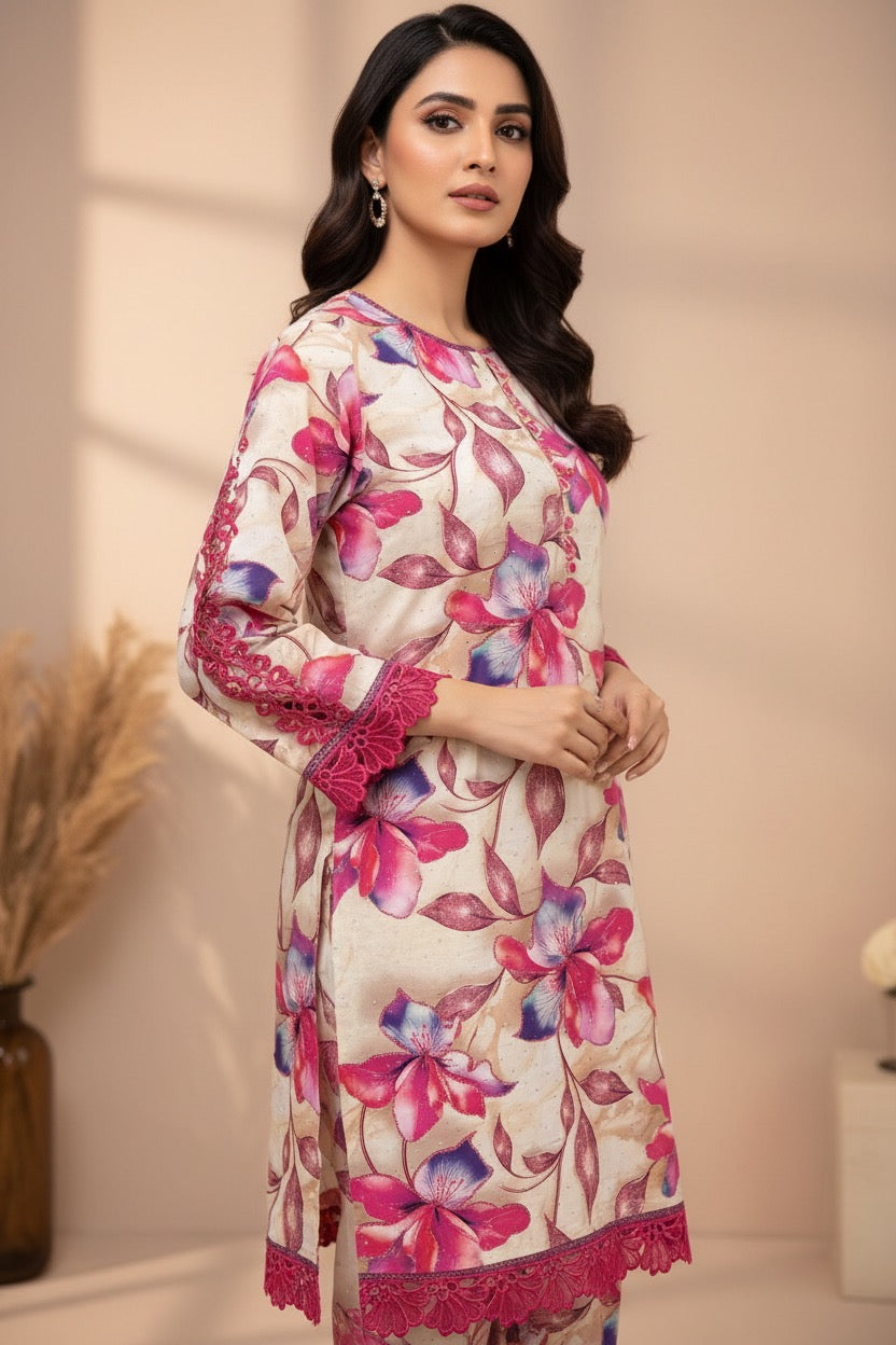PC017A Cream & Pink Floral Printed 2-Piece Suit - Elegant Party Wear