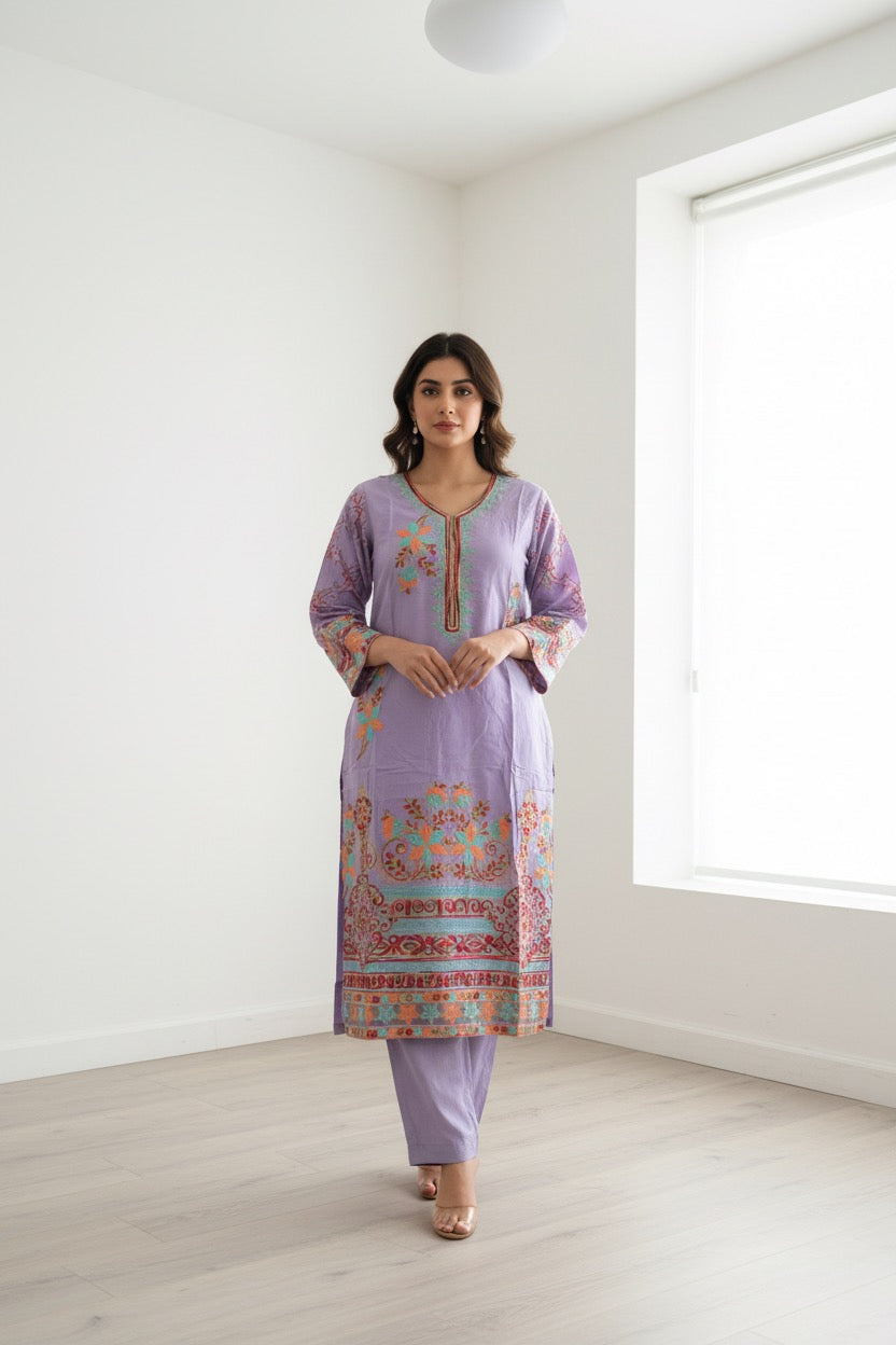 PC017M 3 Piece Lavender Embroidered Suit - Turquoise & Peach Floral Threadwork