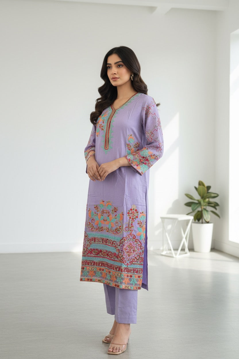 PC017M 3 Piece Lavender Embroidered Suit - Turquoise & Peach Floral Threadwork