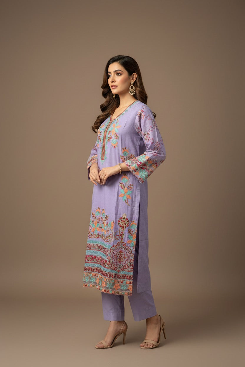 PC017M 3 Piece Lavender Embroidered Suit - Turquoise & Peach Floral Threadwork