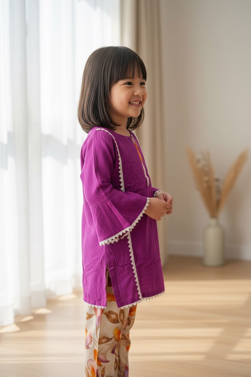 PC018E Purple Linen Top with Floral Bottom White Lace Trim & Bell Sleeves Girls