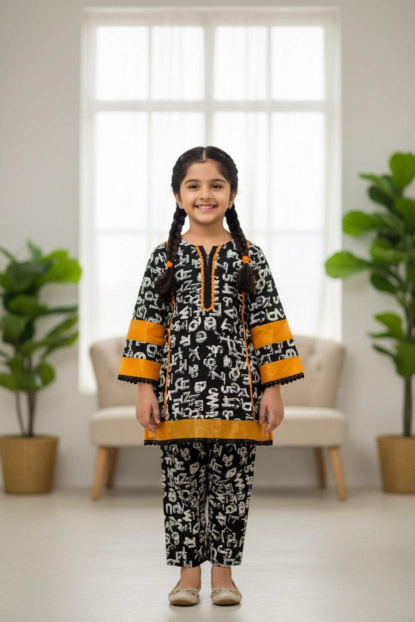 PC016M Girls Black & White Linen Alphabet Print 2-Piece Suit - Trendy Casual Wear