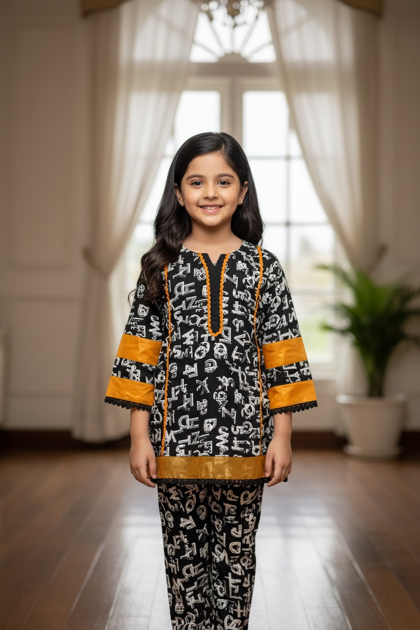 PC016M Girls Black & White Linen Alphabet Print 2-Piece Suit - Trendy Casual Wear