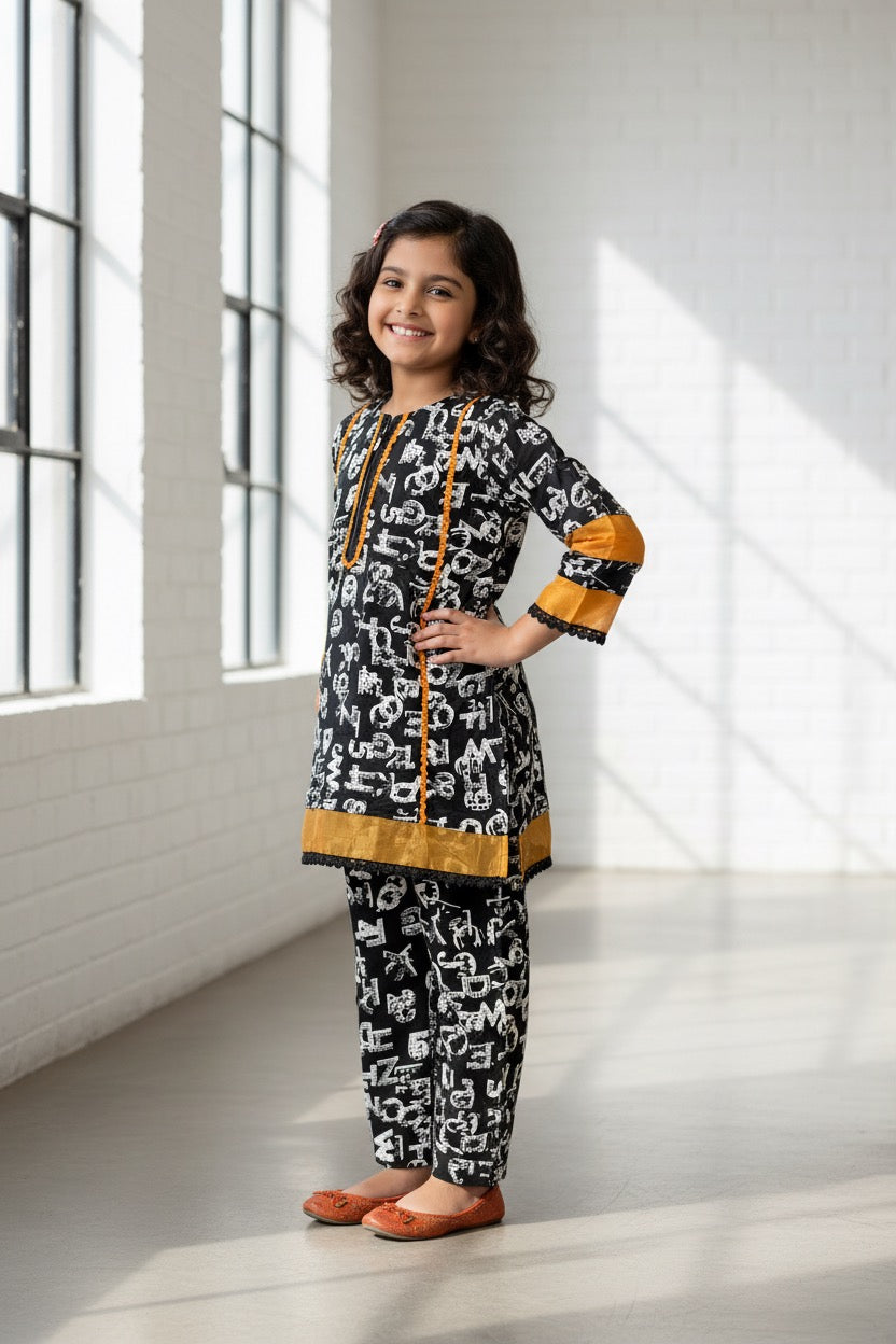 PC016M Girls Black & White Linen Alphabet Print 2-Piece Suit - Trendy Casual Wear