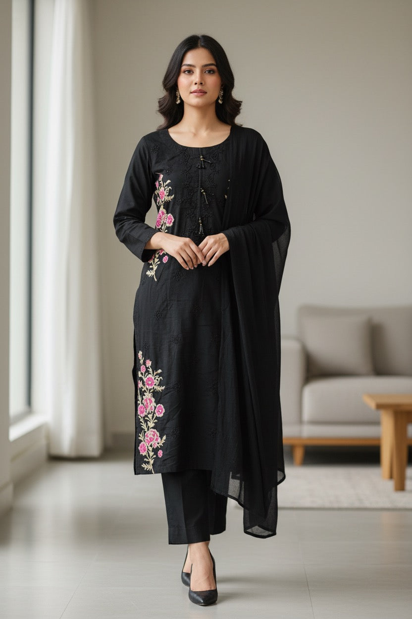 PC017N 3Piece Black Embroidered Suit - Pink & Gold Floral Threadwork with Tonal Detailing