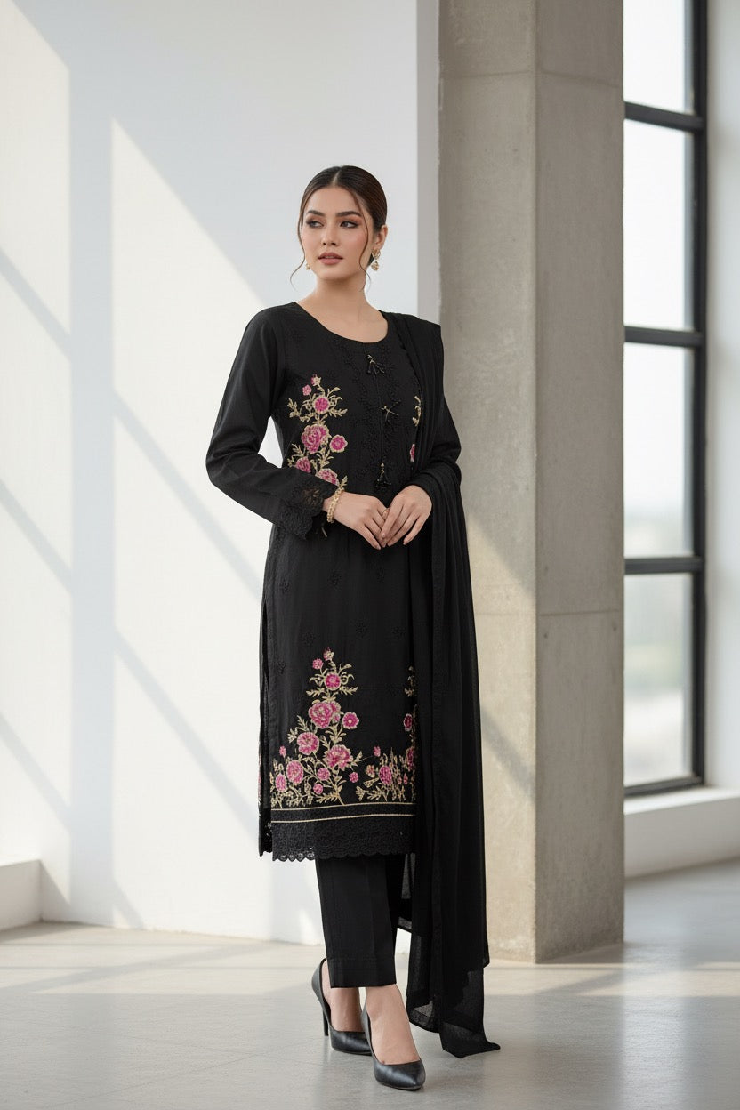 PC017N 3Piece Black Embroidered Suit - Pink & Gold Floral Threadwork with Tonal Detailing