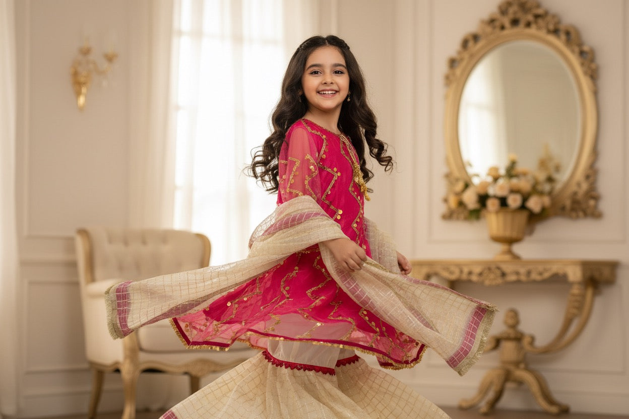 PC016P Girls Pink & Cream Embellished 3-Piece Suit - Luxury Party Wear