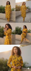 PC017C Linen Mustard Yellow Floral Printed 2-Piece Suit - Elegant Casual Wear