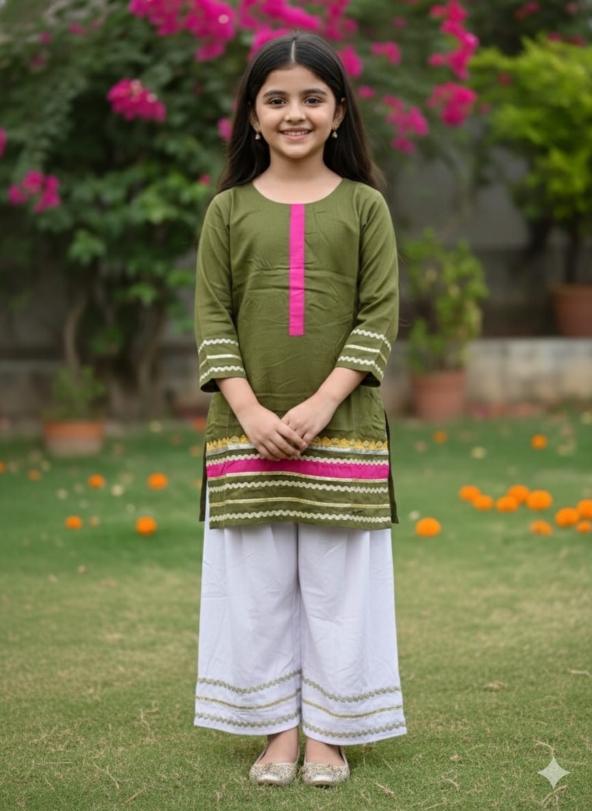 PC016J Girls Olive Green & Lilac 2-Piece Suit - Casual Traditional Wear