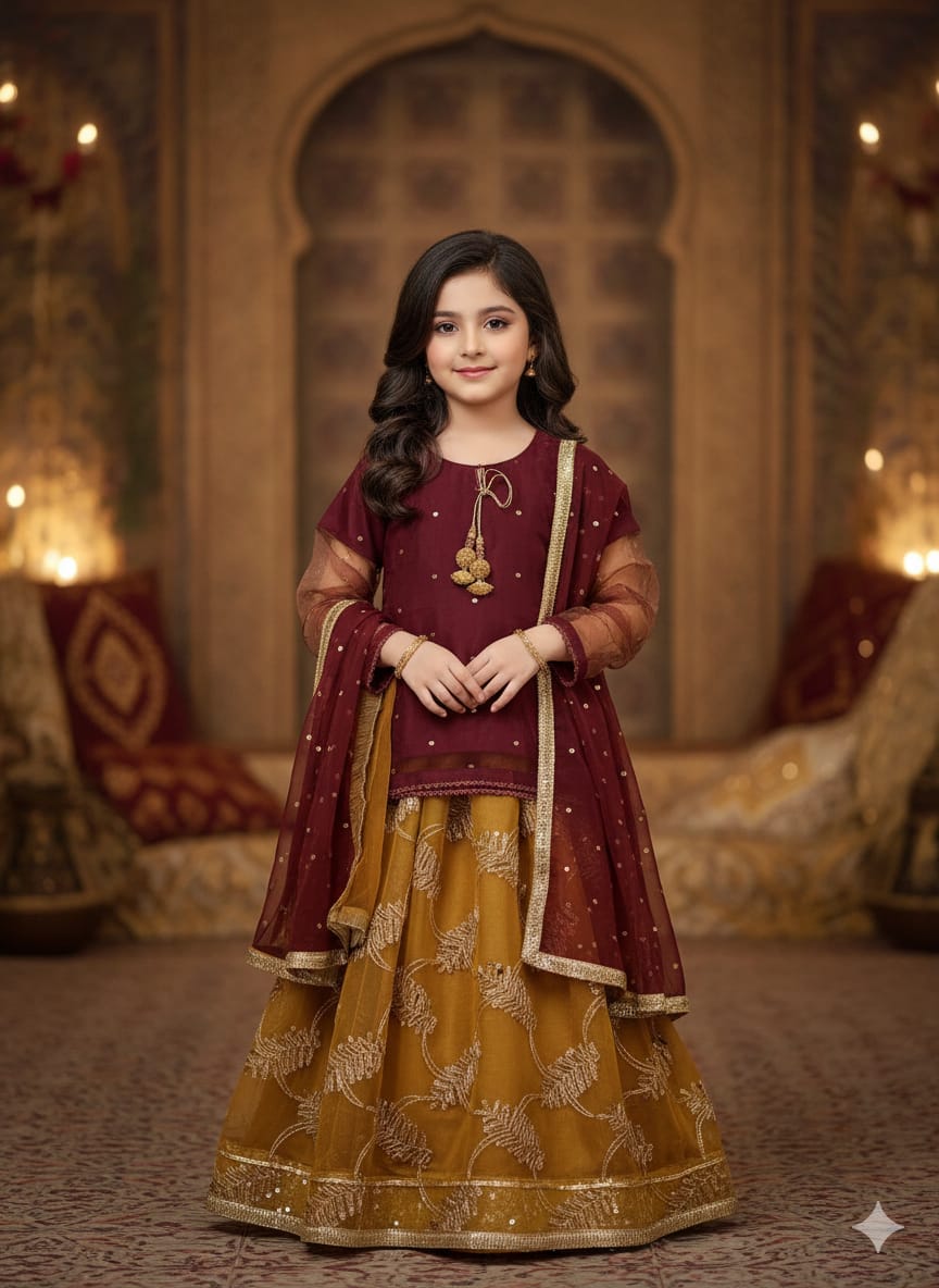 PC016E Girls Maroon & Mustard Embroidered Lehenga Set - Festive Formal Wear