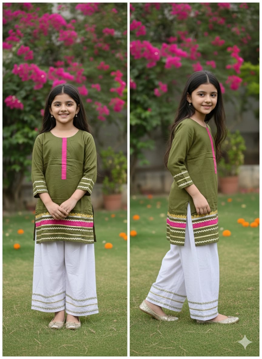 PC016J Girls Olive Green & Lilac 2-Piece Suit - Casual Traditional Wear