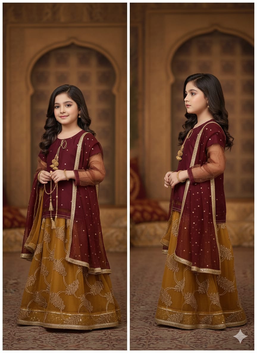 PC016E Girls Maroon & Mustard Embroidered Lehenga Set - Festive Formal Wear