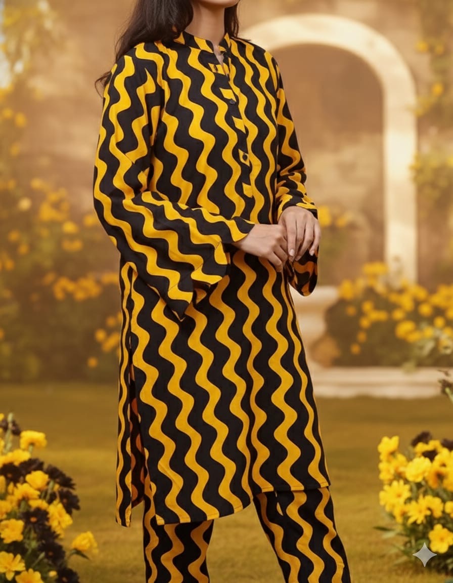 PC017B Black & Yellow Wave Print 2-Piece Suit - Contemporary Casual Wear