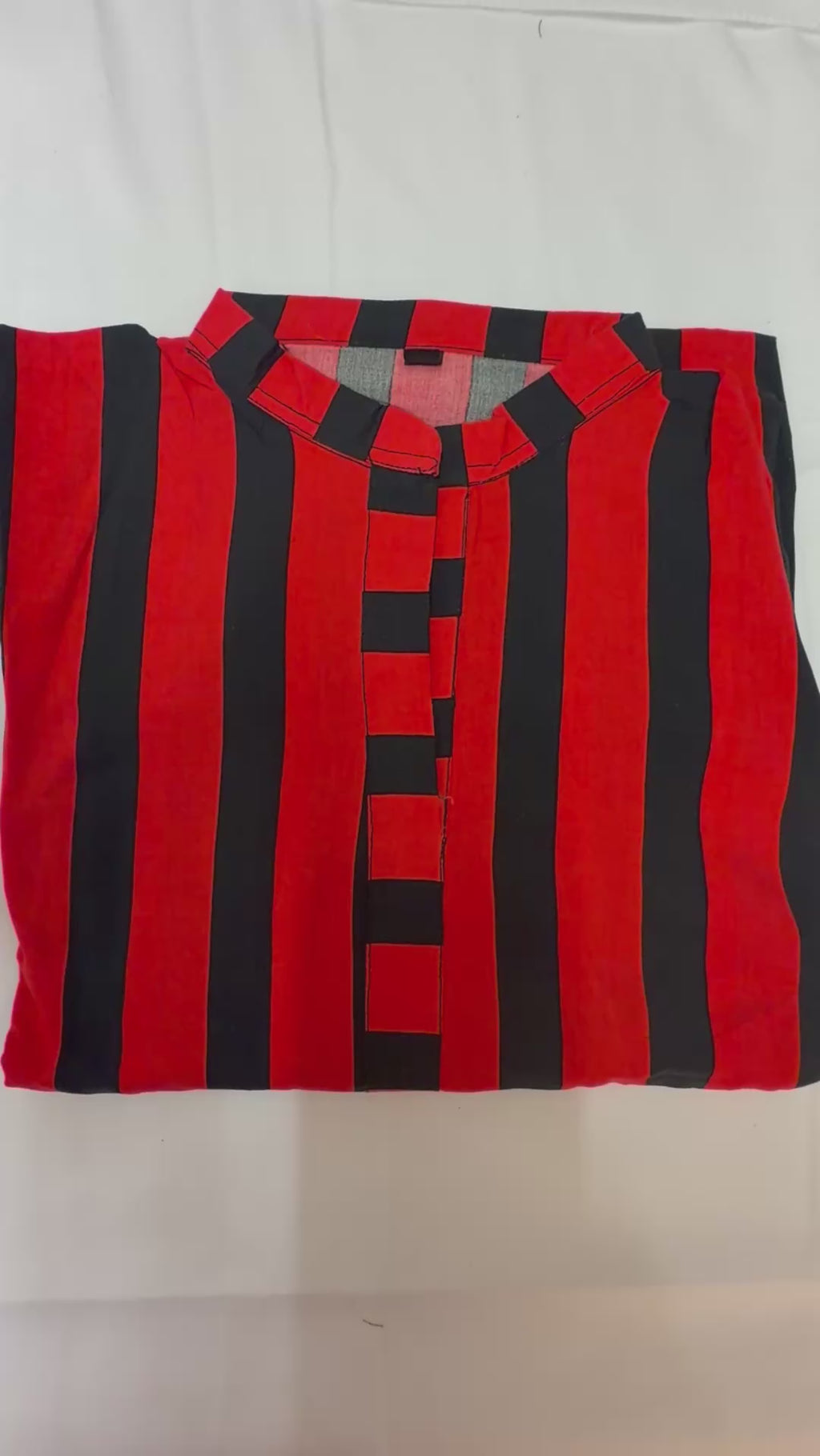 PC018A 2Piece Red & Black Striped Suit - Bold Vertical Stripes with Scalloped Hem Detail