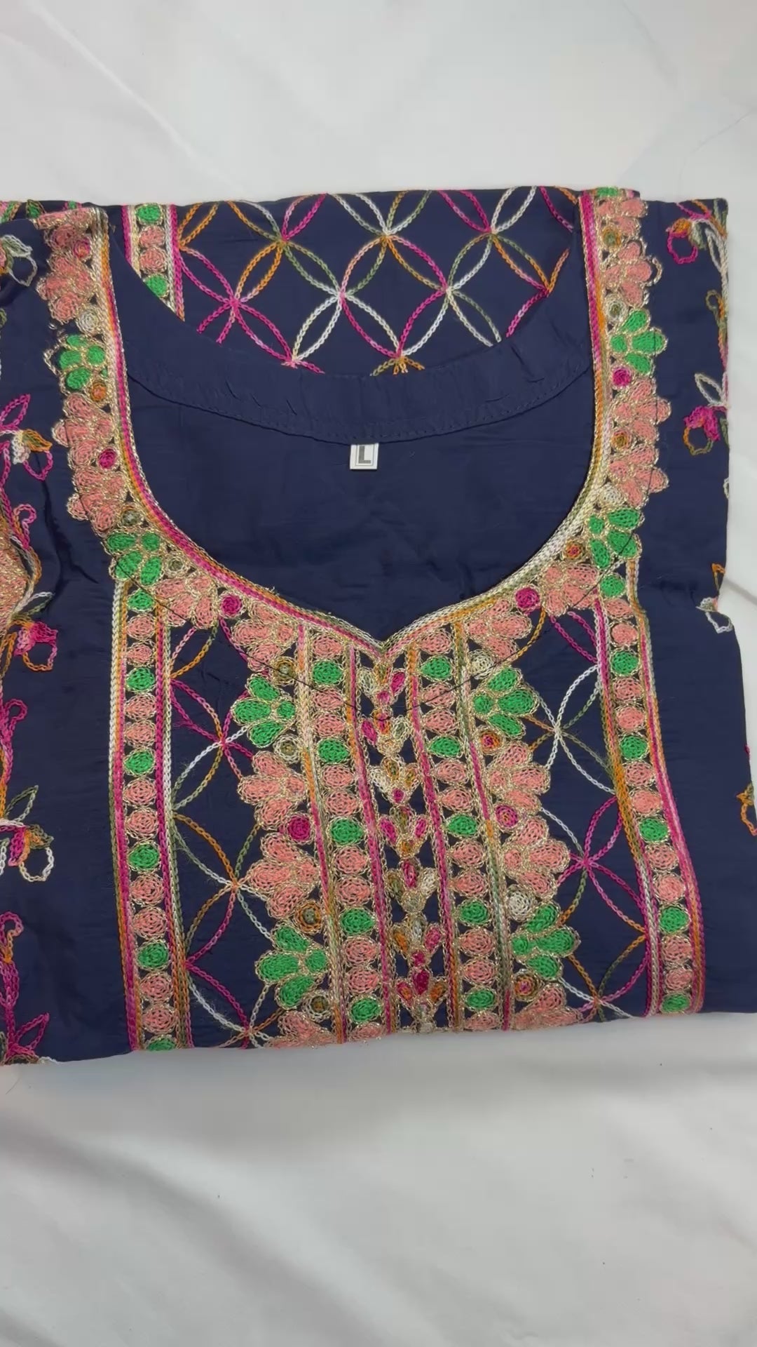 PC017K Navy Blue Embroidered Suit - Geometric Pattern with Peach & Green Threadwork