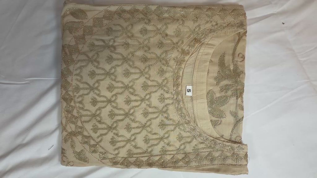 PC017P 3Piece Beige Embroidered Suit - Gold Floral Threadwork with Geometric Yoke Design