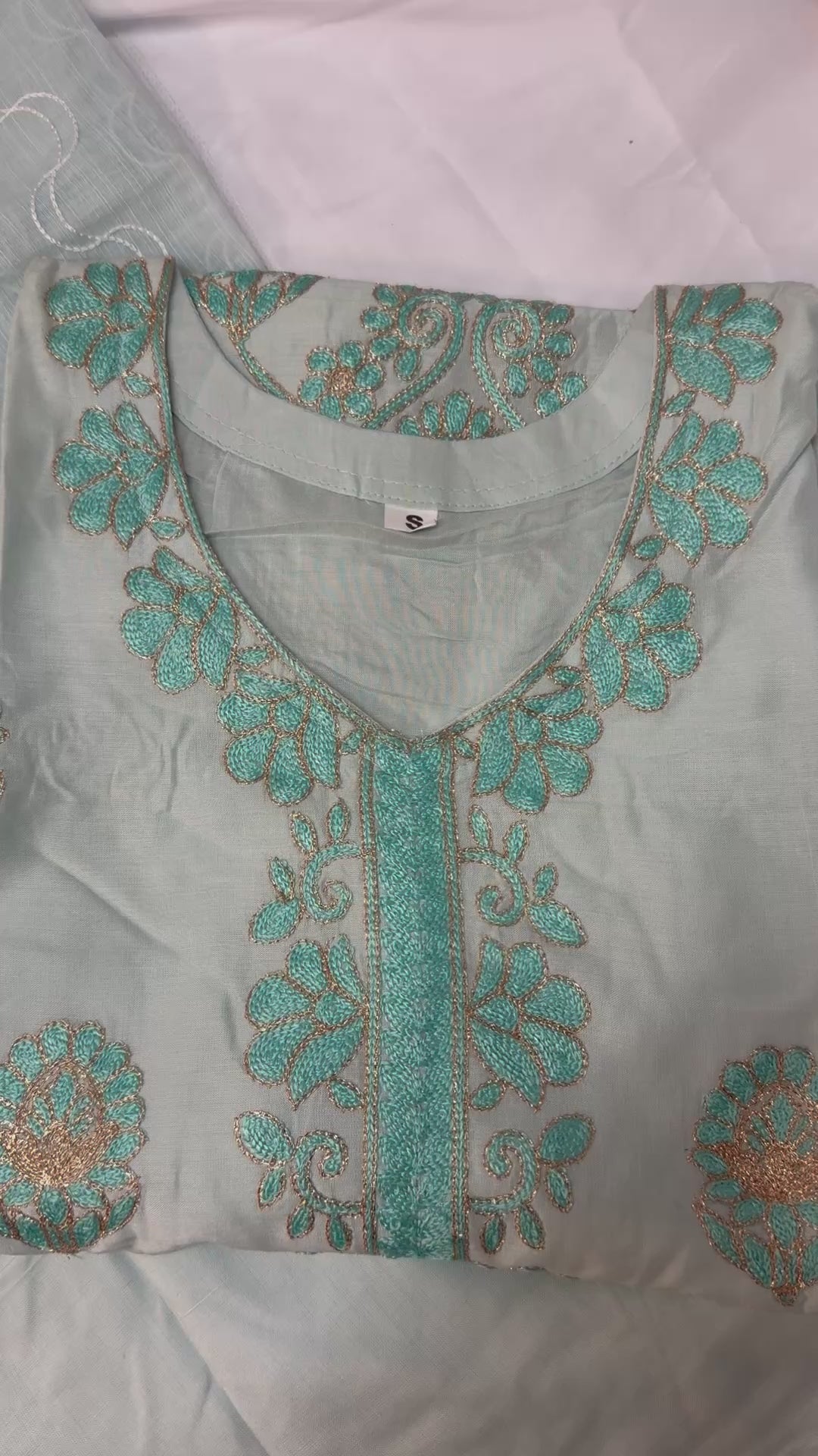 PC017Q 3 Piece Mint Green Embroidered Suit - Turquoise & Coral Threadwork.