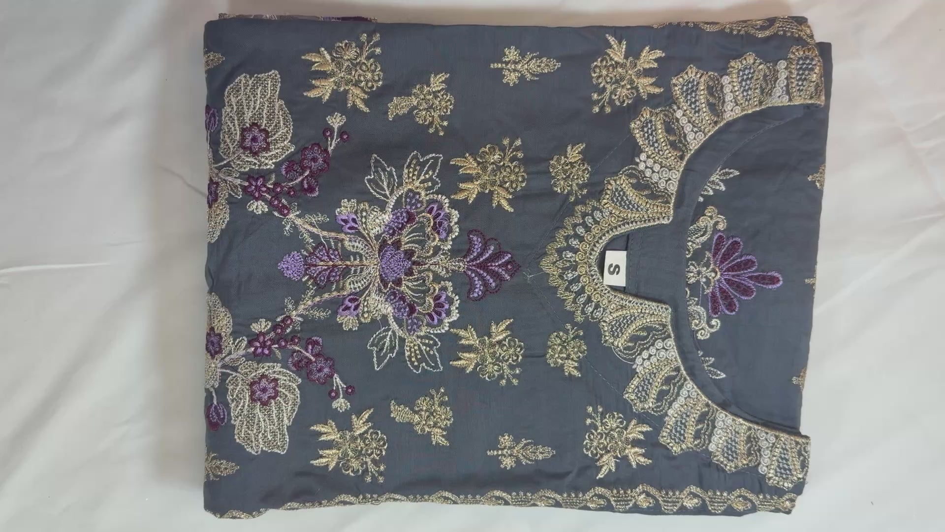PC017O 3Piece Charcoal Grey Embroidered Suit - Gold & Purple Floral Threadwork with Scalloped Neckline