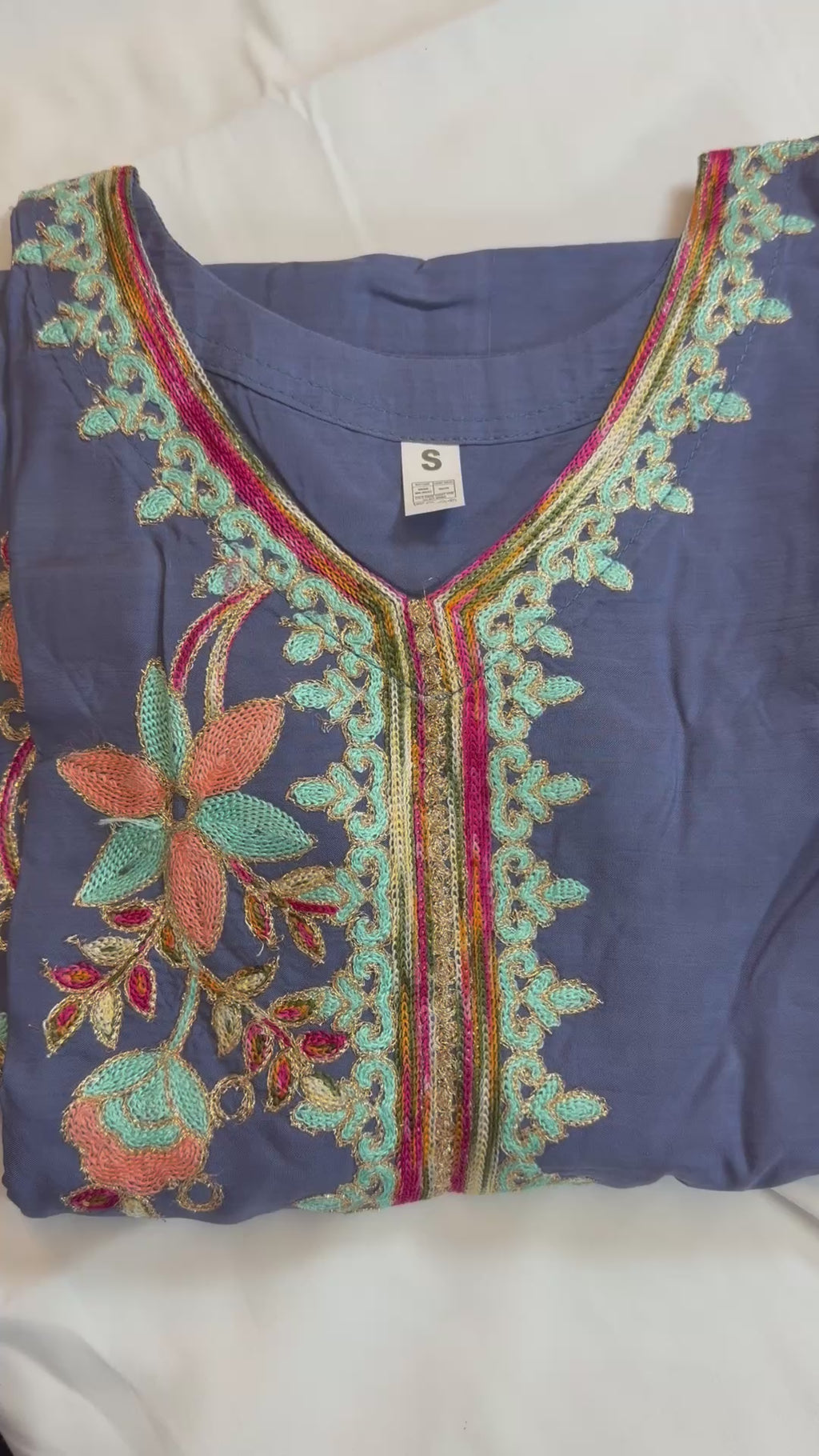 PC017L Blue Embroidered Suit - Turquoise & Coral Floral Threadwork