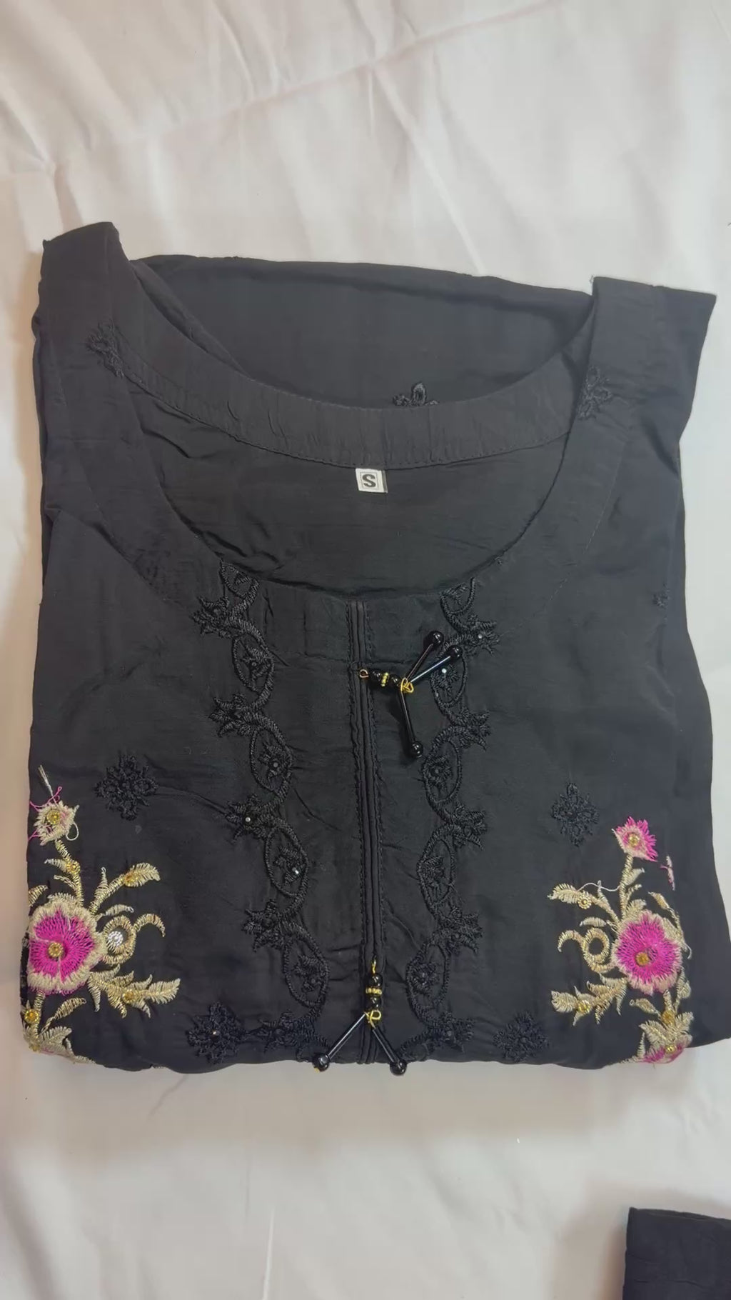 PC017N 3Piece Black Embroidered Suit - Pink & Gold Floral Threadwork with Tonal Detailing